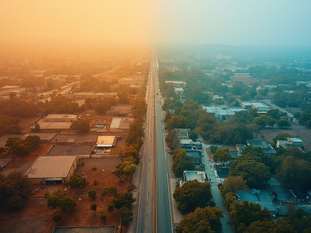 Fresno's October: Your Ultimate Weather and Travel Guide Photographic comparison of Fresno's warm urban downtown and cool surrounding farmlands showcasing microclimatic variations