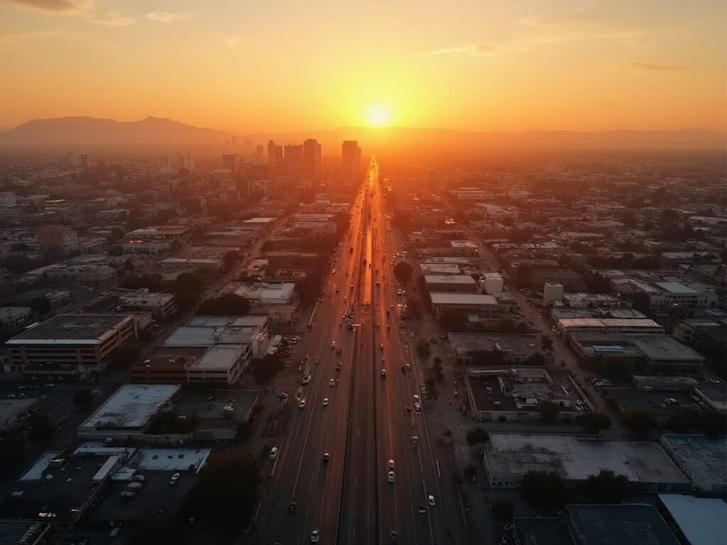 Aerial view of Fresno's urban landscape at sunset showing concrete buildings, asphalt streets with visible heat waves, illustrating urban heat island effect in warm orange and gray tones