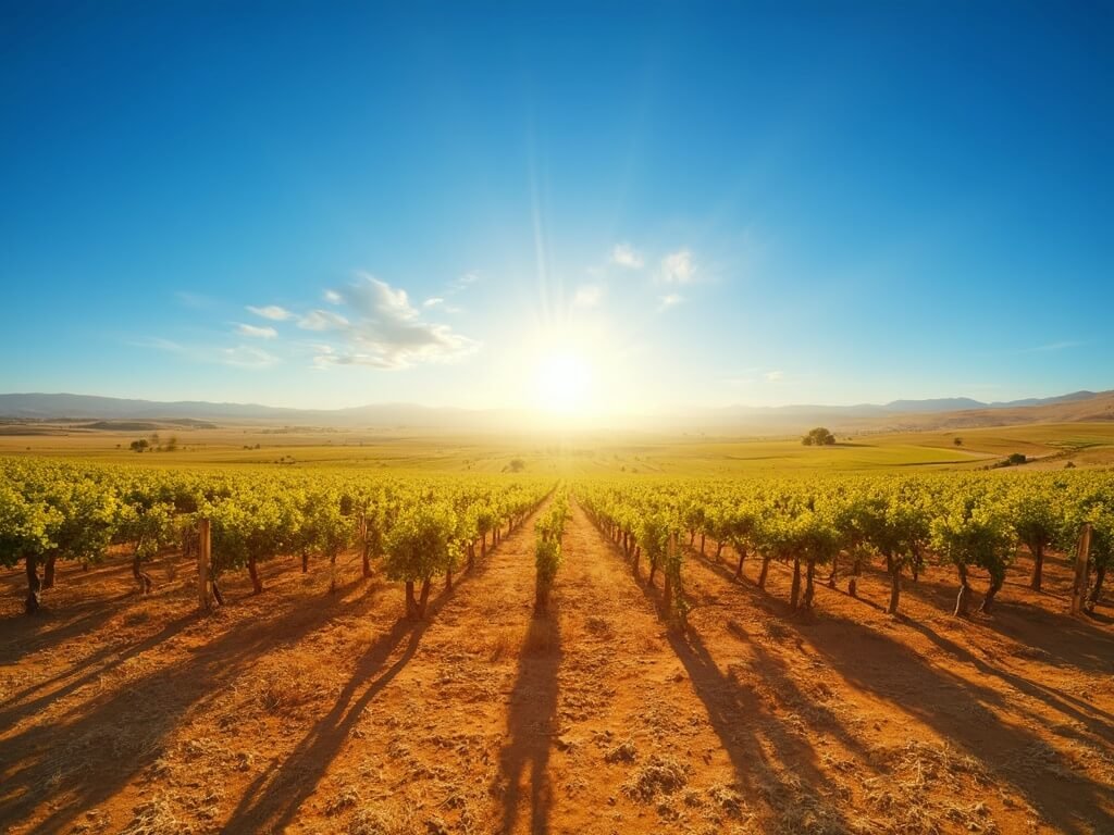 High noon landscape of Fresno's Central Valley with heat waves over agricultural fields, grapevines, almond orchards, brown earth, and azure sky