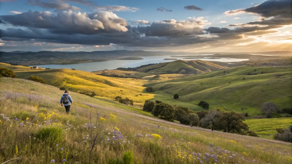 "Panoramic view of Fresno's Central Valley in March, featuring golden hills with wildflowers, Millerton Lake under a partly cloudy sky at sunset, with a jacket over hiking gear hinting at perfect weather, amidst gentle breeze and soft sunlight."
