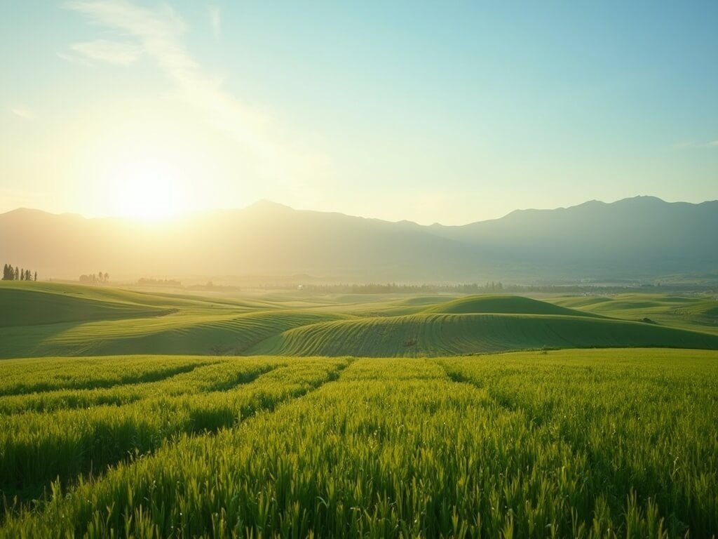 Spring landscape of Fresno's Central Valley featuring vibrant green agricultural fields, distant soft blue mountains, and warm golden sunlight