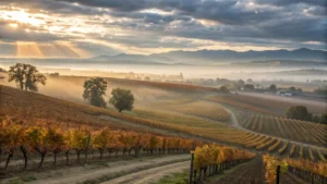 "Fog lifting over Fresno's San Joaquin Valley vineyards during golden hour in November, revealing autumn-colored grapevines under the warm sunlight and gentle breeze, with Sierra Nevada foothills in the distance under partly cloudy skies"