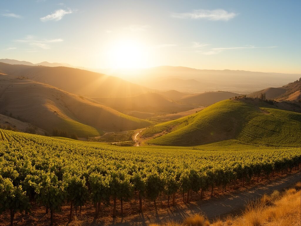 Panoramic view of sunlit Fresno countryside at golden hour with vineyards, rolling hills, long shadows on golden-brown terrain, under a bright blue sky with wispy clouds
