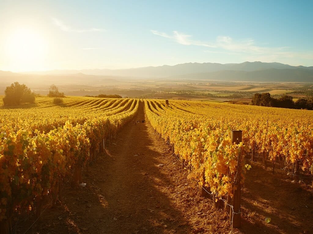 Panoramic view of endless golden grape vineyards in Fresno's agricultural landscape under bright California sunlight with distant mountains