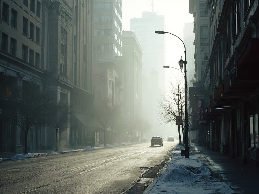 Downtown Fresno architectural details in soft winter light with subtle fog around street corners