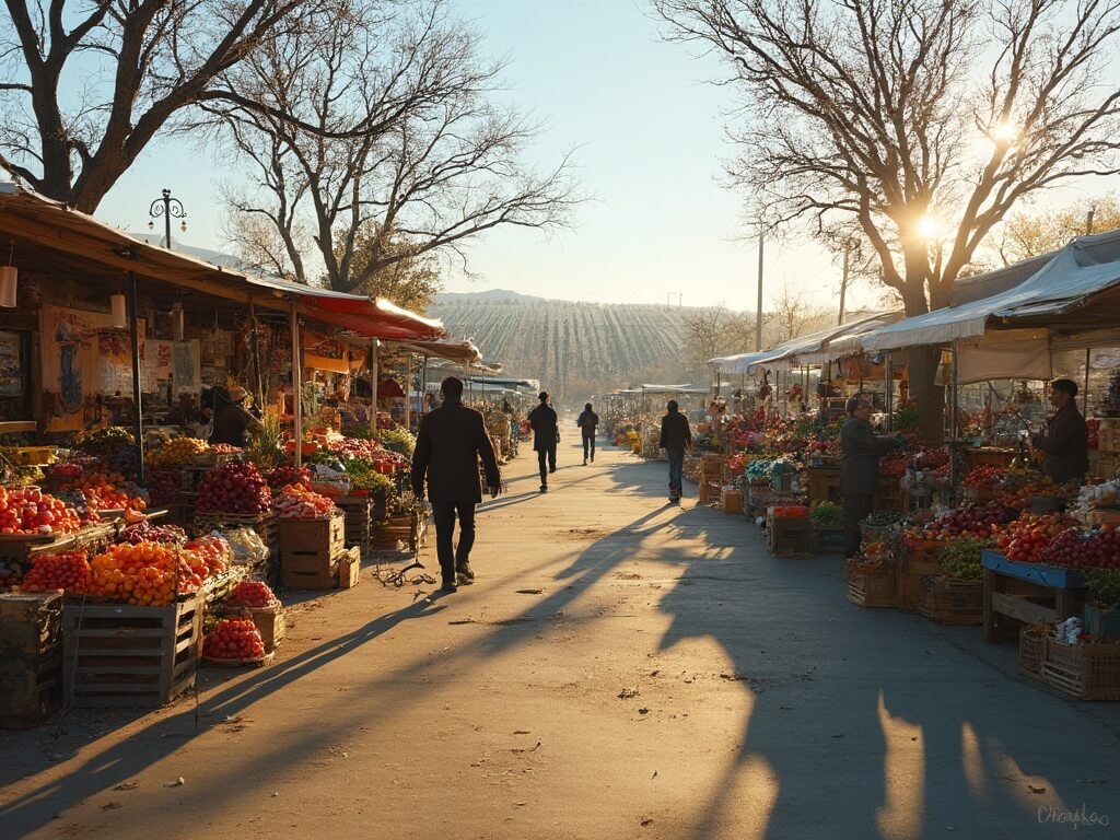 Vibrant Fresno farmer's market on a sunny winter day with customers browsing stalls full of colorful produce, bare vineyard rows in distance