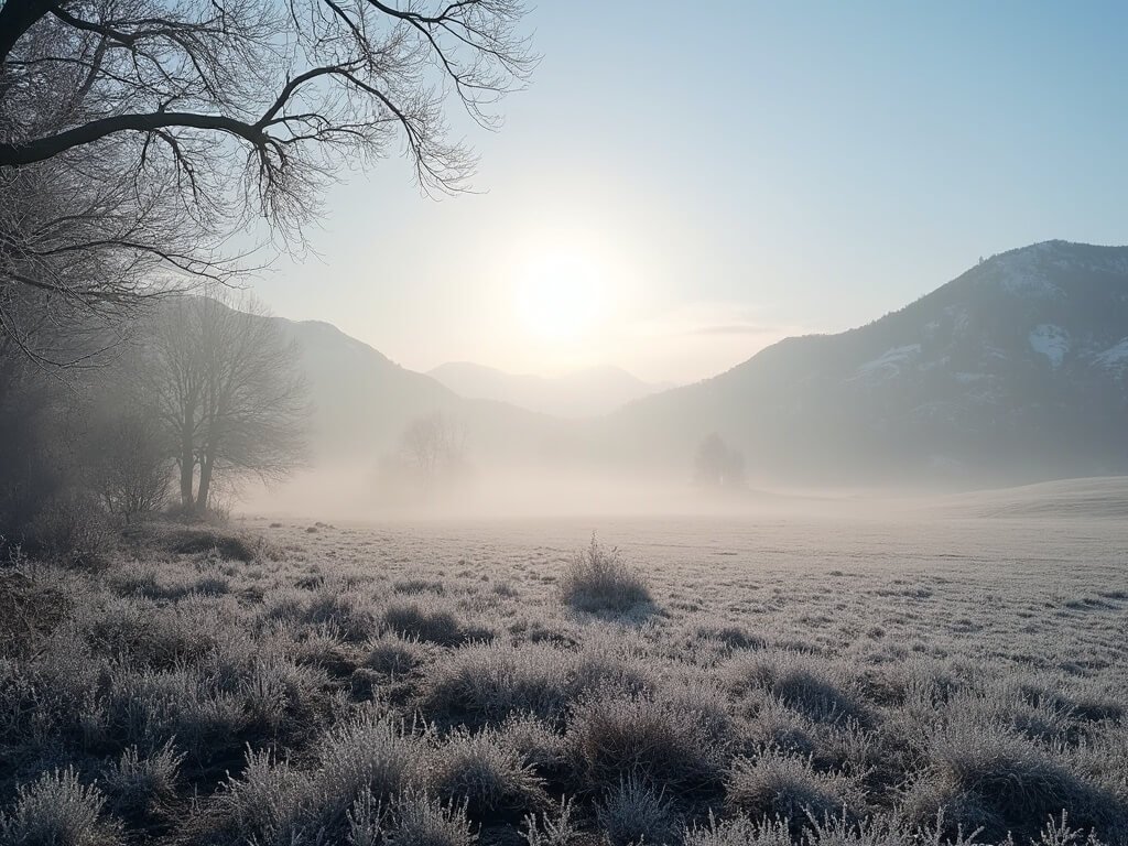 Redding in December: Your Ultimate Cold-Weather Playground Revealed Frosty morning in Redding with sunlight casting shadows across a misty valley, mountain silhouettes in the fog and frost on grass and tree branches