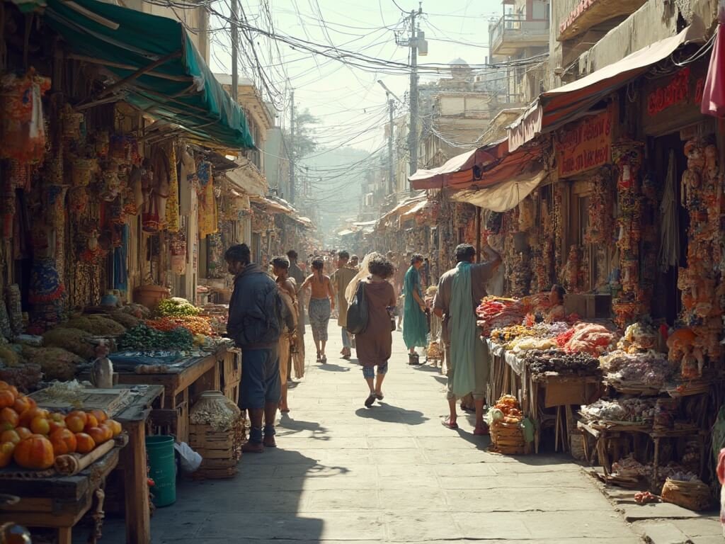 Bustling morning street market in Fruitvale neighborhood showcasing local vendors selling colorful handmade crafts, fresh produce, and diverse street food; vivid image depicting economic energy and lively social interaction.