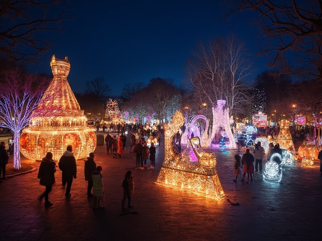 Redding in March: Your Ultimate Guide to Northern California's Hidden Springtime Gem Vibrant night scene at the Garden of Lights festival with glowing lanterns, illuminated art structures, and silhouettes of people enjoying the display