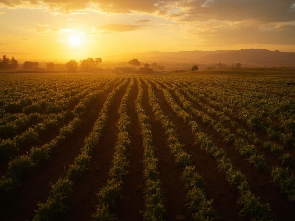 Dramatic golden hour photo of Central Valley agricultural landscape with emerging crops and silhouetted farm equipment against a warm sunset