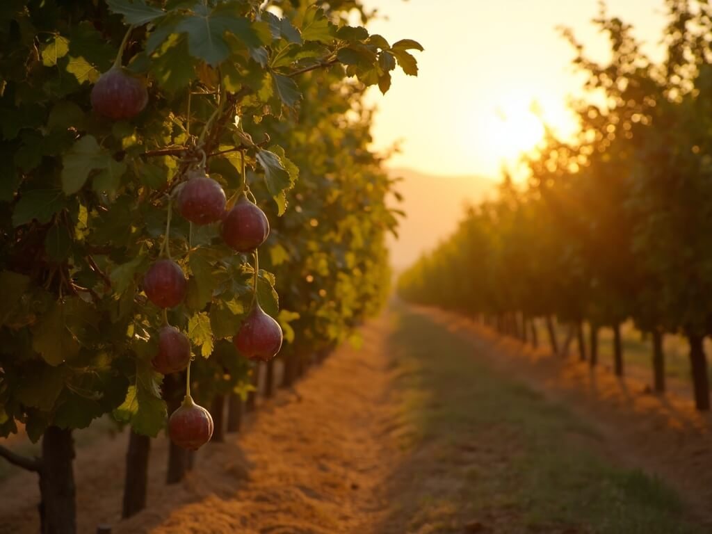 Golden-hour view of a fig orchard in Central Valley with ripe figs on trees and dramatic shadows
