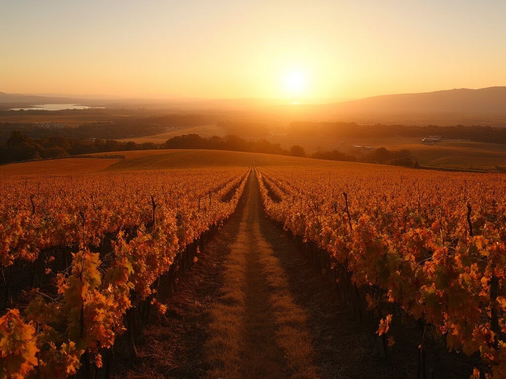 Golden hour view of Millerton Lake vineyard with rows of grapevines, autumn colors, and silhouetted mountains