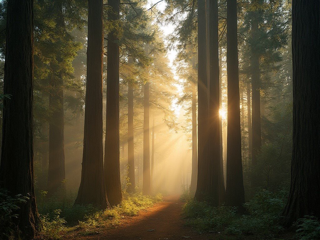 Misty morning at Redwood Regional Park with golden light filtering through towering trees