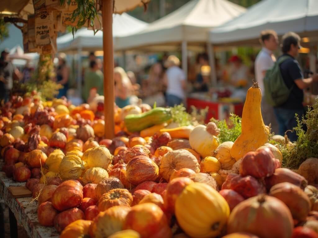 Late autumn produce including crisp apples, colorful squashes, and root vegetables artfully displayed at a vibrant Grand Lake farmers market, with bustling local vendors in the background under warm natural lighting.