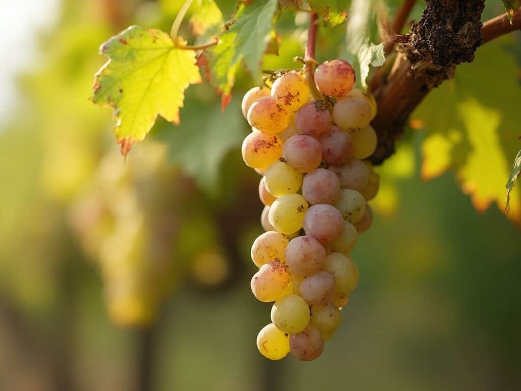 Close-up of a grapevine with clusters of ripening grapes in soft morning light, showing the onset of autumn colors on vine leaves