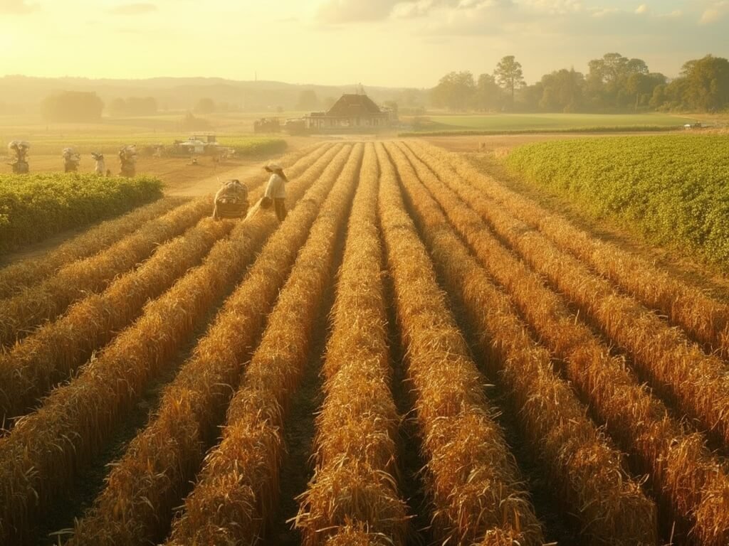 Workers harvesting crops in a sprawling farmland under warm September sunlight