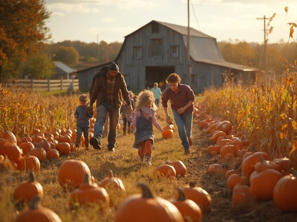 Why Redding in October is Your Secret Autumn Paradise (No Tourist Traps Included) Family and children enjoying pumpkin picking and corn maze at Hawes Farms Fall Festival with rustic barn in background bathed in warm afternoon sunlight
