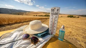 "Sun hat, sunglasses, and various summer items on a sunlit surface with a thermometer showing rising temperatures, against a backdrop of the golden San Joaquin Valley under a cloudless sky in late May."