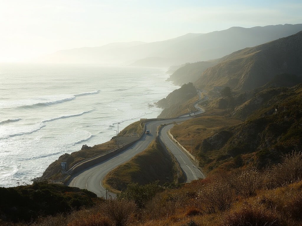 Scenic view of Highway 1 coastal road in California with dramatic ocean vistas, winding road, and soft November afternoon light in muted golden and blue tones, all in sharp focus with no traffic in sight