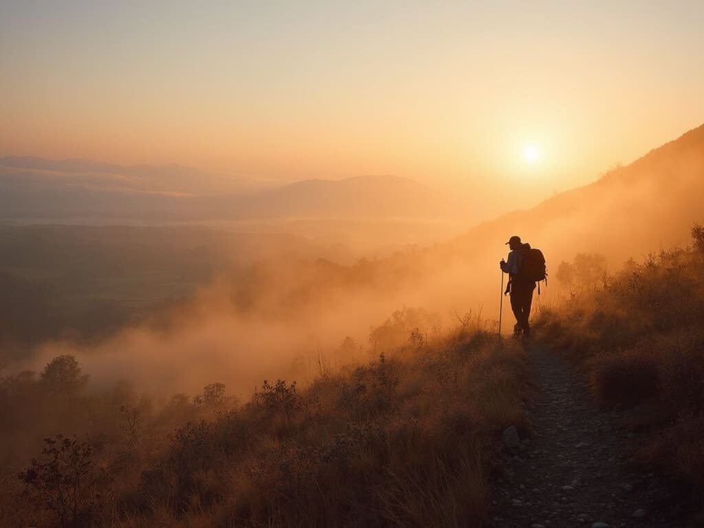 Lone hiker traversing misty Sierra Nevada foothill trail at sunrise, with soft golden sunlight peering through fog and distant Fresno agricultural fields in winter