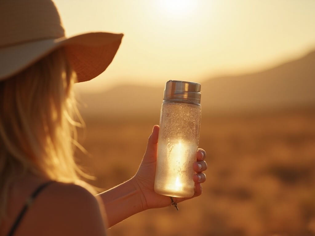 Redding's Scorching July: A Survival Guide to America's Hottest City Close-up of a hand gripping a condensation-covered water bottle, person wearing wide-brimmed hat, against the backdrop of a sun-drenched, golden Californian landscape.