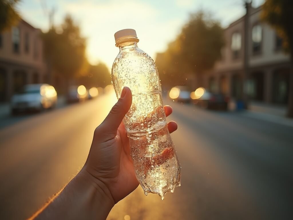 Close-up of a hand holding a water bottle with condensation droplets, against a blurred backdrop of a hot Fresno street scene