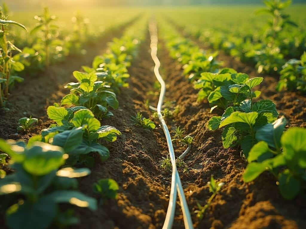 Aerial view of farmer's field with drip irrigation lines on drought-resistant crops demonstrating water conservation techniques under summer sun