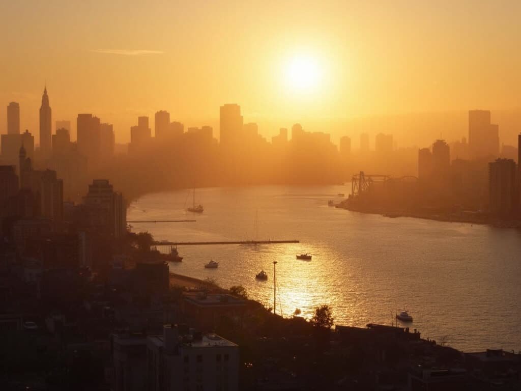 Golden hour at Jack London Square with silhouetted urban architecture, boats on waterfront, under a warm amber sky