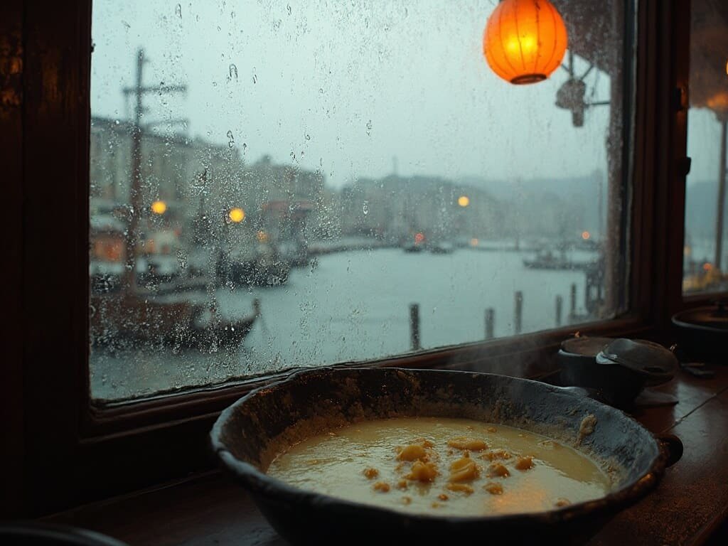Warm restaurant interior at Jack London Square with a bowl of steaming clam chowder in the foreground and a large window revealing a stormy waterfront scene