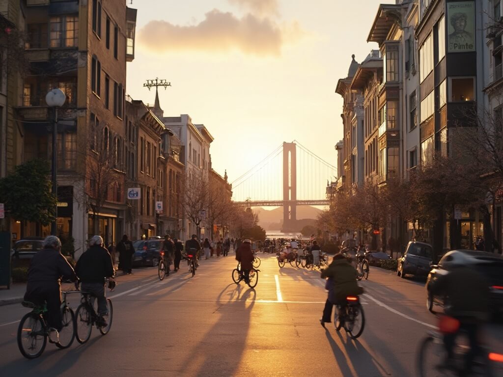 Golden hour at Jack London Square, showcasing historic buildings, shimmering water reflections, motion-blurred bicyclists and pedestrians, with the San Francisco Bay Bridge in the background