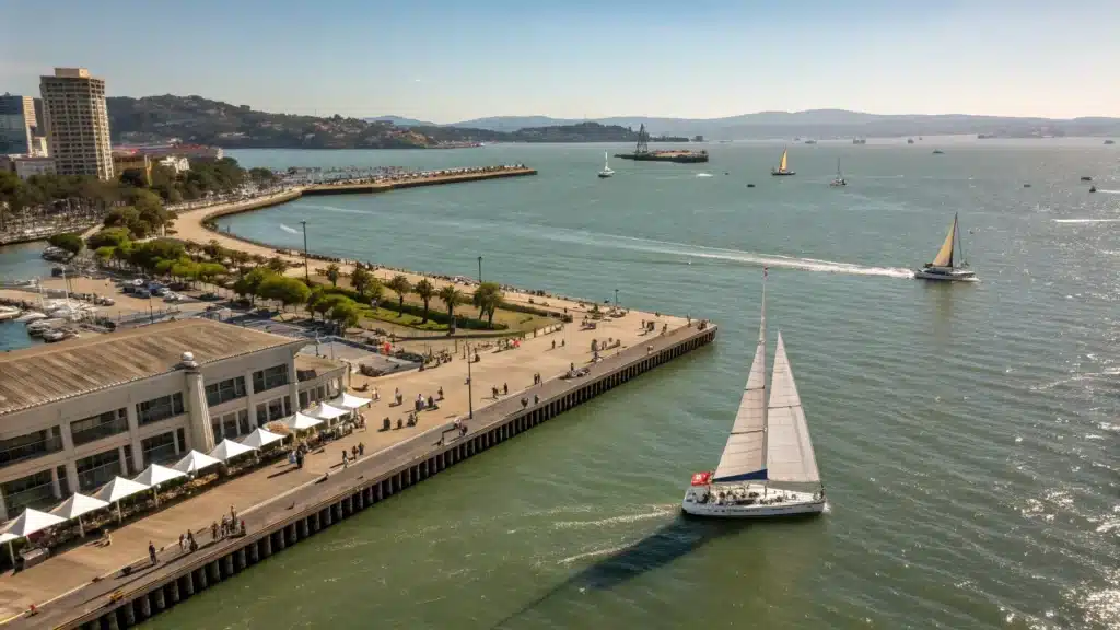 "Aerial view of Jack London Square in Oakland on a sunny August afternoon, showcasing sailboats on the San Francisco Bay, people strolling along the waterfront, outdoor cafes, and the Oakland estuary under a clear blue sky at 72°F."
