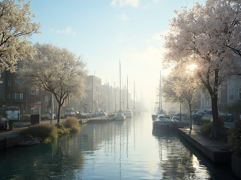 Tranquil waterfront view at Jack London Square with sailboats, historic buildings, blooming trees, and soft misty light on a perfect May morning