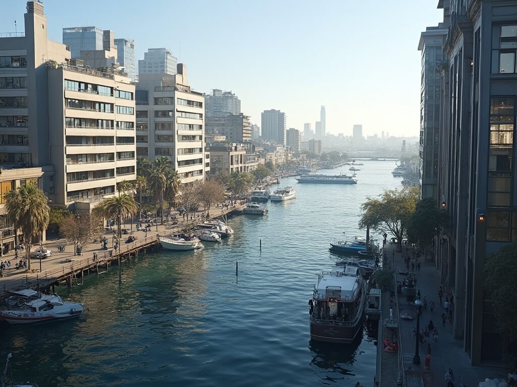 Panoramic view of Jack London Square waterfront in morning light with modern architecture and boats in harbor