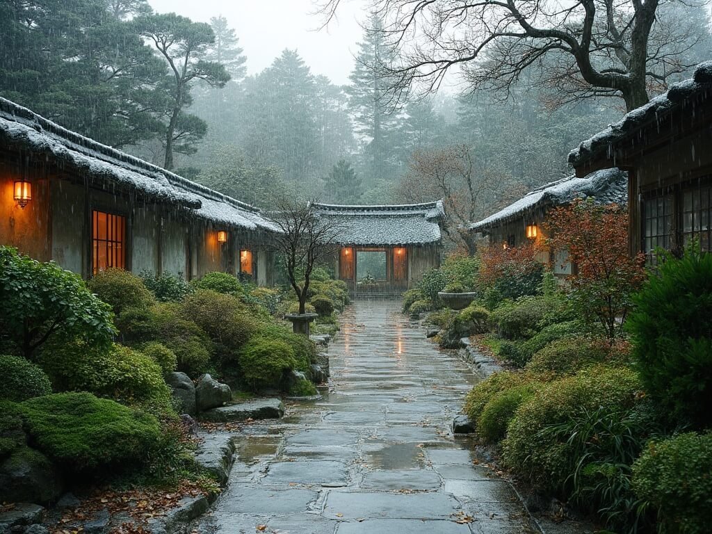 San Jose in December: Your Ultimate Winter Wonderland Guide 🌧️🎄 Japanese Friendship Garden in winter with lush green landscaping, stone pathways, and soft winter lighting