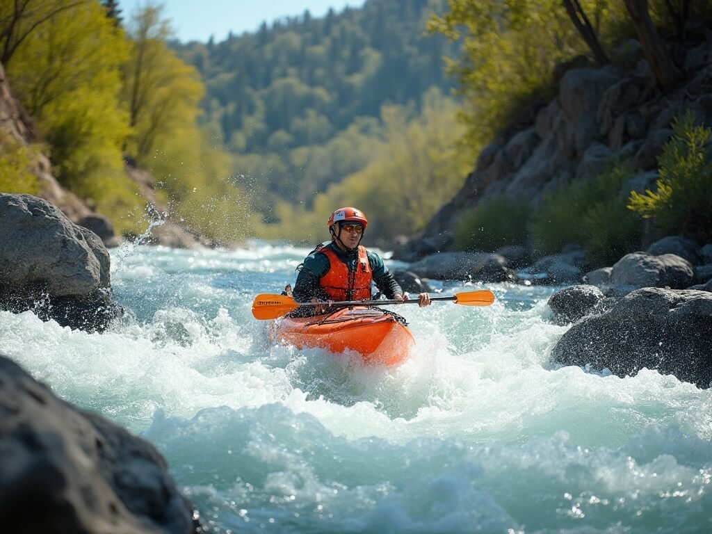 Redding Unveiled: Your Ultimate April Adventure Guide Kayaker in bright gear navigating rapids on Sacramento River, surrounded by lush vegetation and rocky terrain, embodying the adventure spirit of Redding in April.