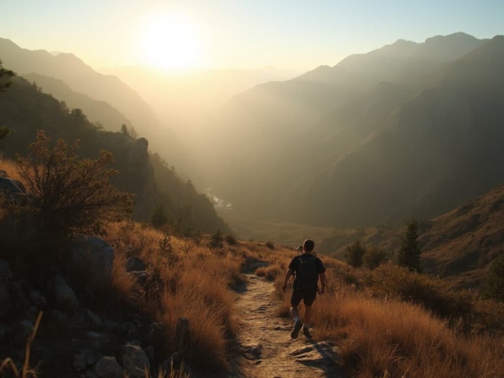 Hikers on a winding trail at sunrise in Kings Canyon near Fresno, with misty mountain ranges in the background