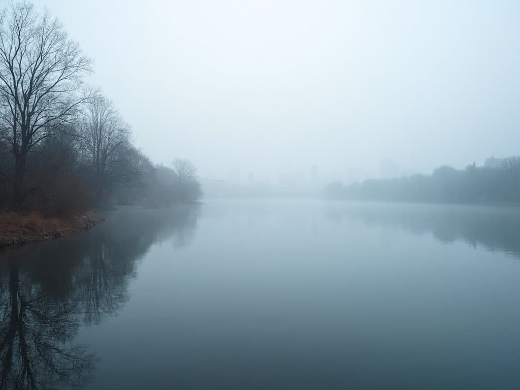 Misty morning view of Lake Merritt in Oakland with soft light through clouds, calm water reflecting the urban park and distant city skyline