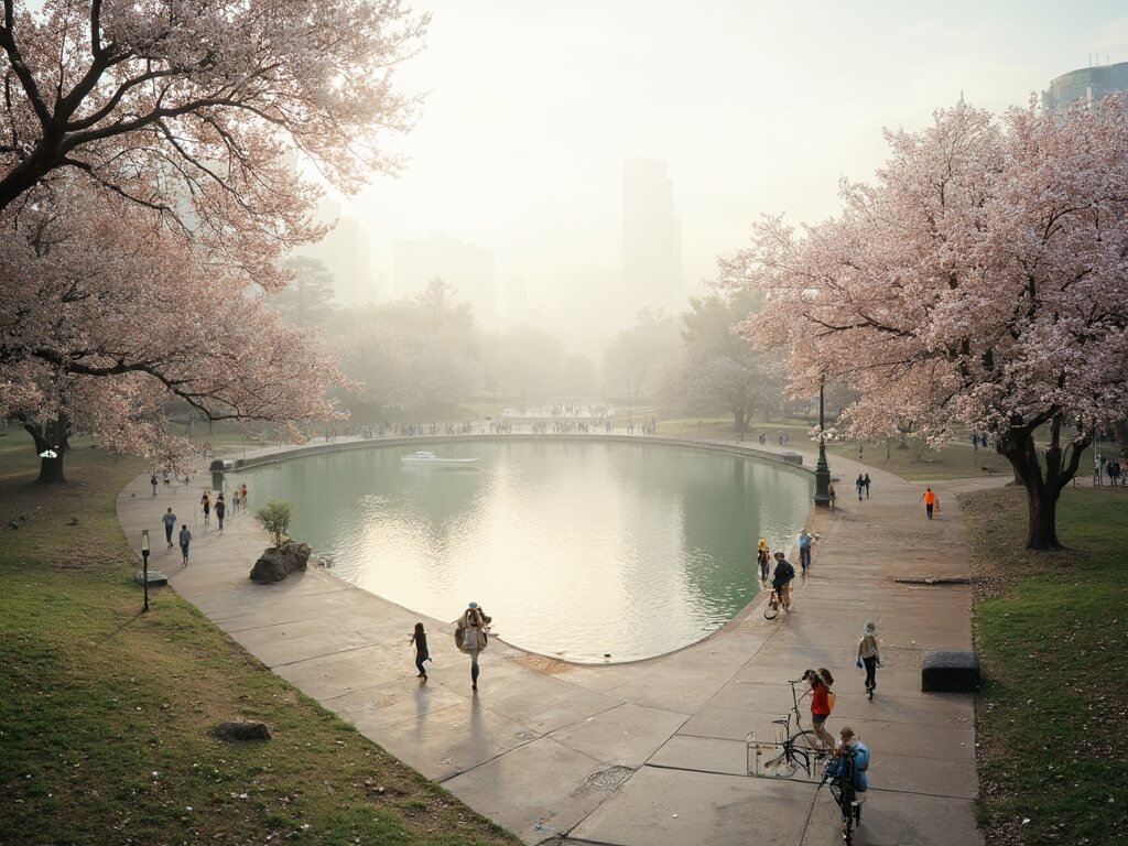 Panoramic view of Lake Merritt in Oakland with joggers, cyclists, and families on pathways, blooming trees in pastel colors, and gentle sunlight painting a serene urban landscape