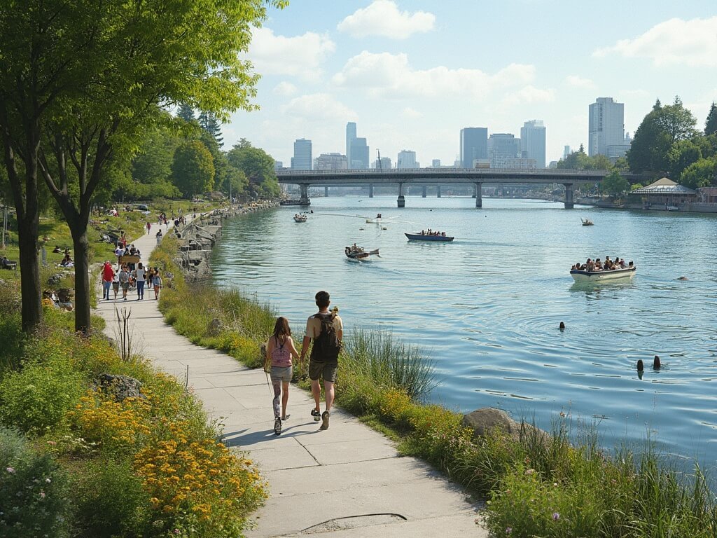 Diverse locals and visitors enjoying waterfront path at Lake Merritt with kayakers on water, people exercising, lush green park areas and urban skyline in the backdrop.