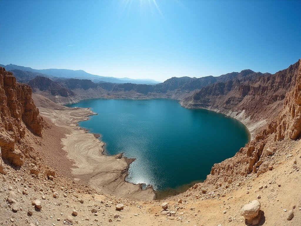 Redding's Scorching July: A Survival Guide to America's Hottest City Panoramic view of Lake Shasta in peak summer showing reduced water levels, exposed rocky shorelines, and sun-bleached landscape, illustrating harsh July climatic conditions