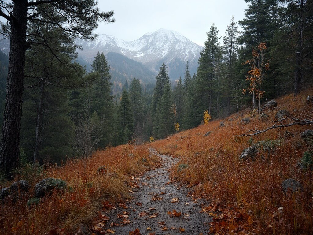 Trail through pine forest with autumn leaves and distant snowy mountains in November at Lassen Volcanic National Park