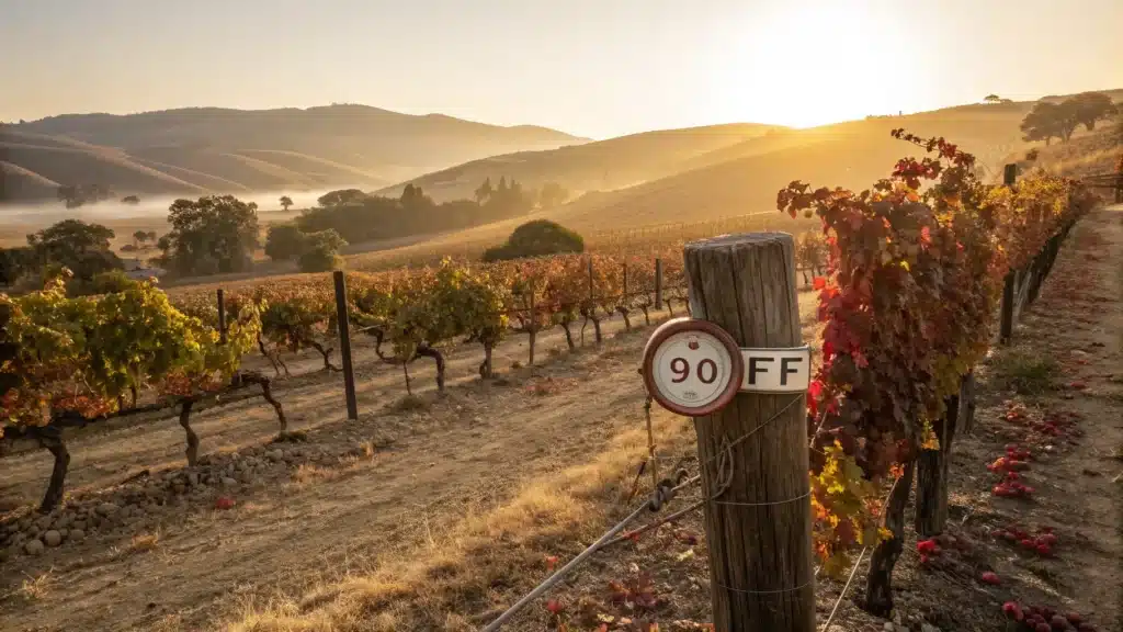 "Late September view of a sun-drenched California vineyard with grape vines, a rustic thermometer, early autumn colors and an empty wine glass on a porch rail in Fresno's wine country"