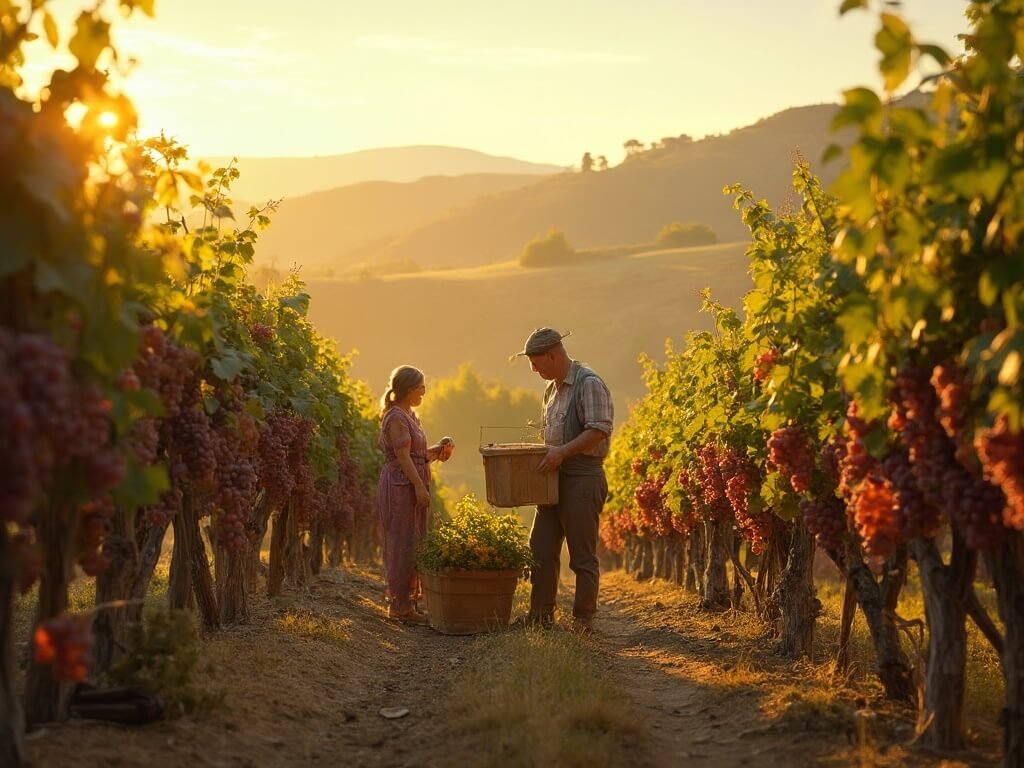 Workers harvesting ripe grapes in a vibrant vineyard under golden sunlight with rolling hills in the background during early morning