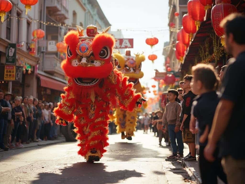 Lion dance performance in Oakland's Chinatown during Lunar New Year, with crowds watching, colorful costumes, and red lanterns hanging