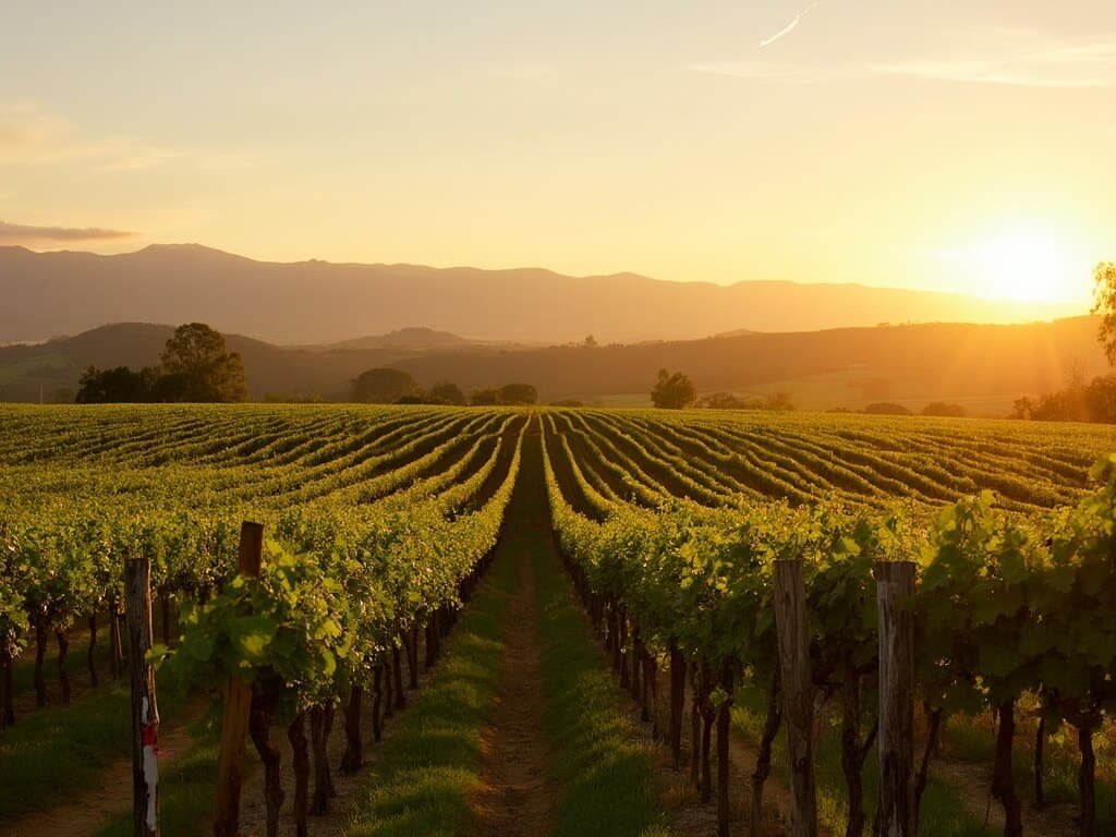 Golden hour view of Madera County vineyard with grapevines stretching towards distant mountains under warm natural lighting
