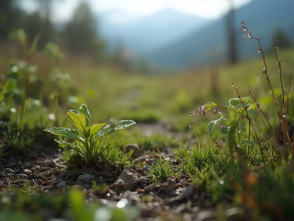 Redding in March: Your Ultimate Guide to Northern California's Hidden Springtime Gem Detail-focused nature photography of a hiking trail in Redding featuring fresh green foliage with water droplets, against a blurred mountainous March landscape backdrop