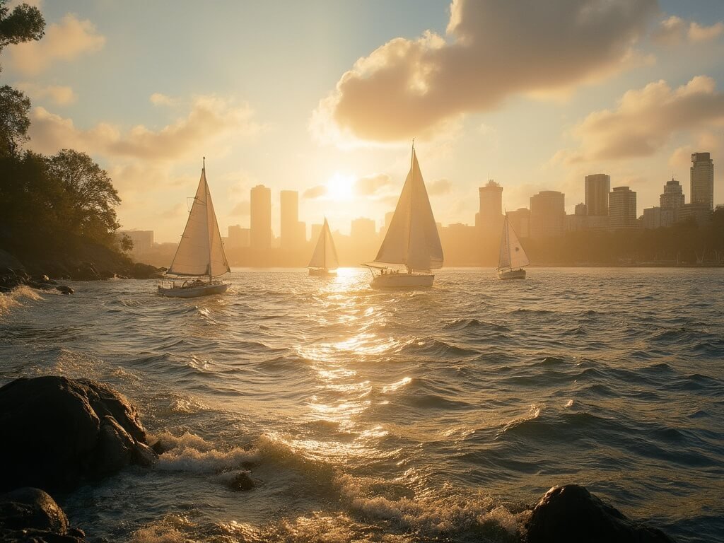 Dramatic wind-swept scene at Lake Merritt with long shadows on water, sailboats angled by winds, and blurred urban skyline in golden afternoon light