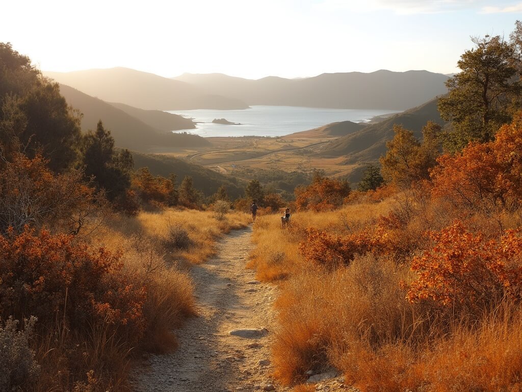 Autumn hiking trail near Millerton Lake with golden grasslands and rolling hills under diffused sunlight