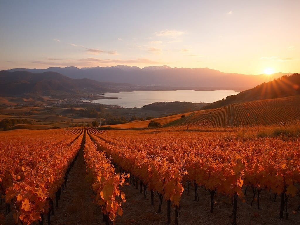 Golden hour photo of Millerton Lake State Recreation Area with autumn colored vineyards and Sierra Nevada mountains in the backdrop