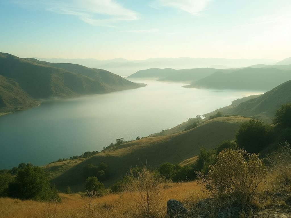 Early morning at Millerton Lake State Recreation Area with rolling green hills, calm water, and soft mist, depicting early spring bloom in Fresno's Central Valley